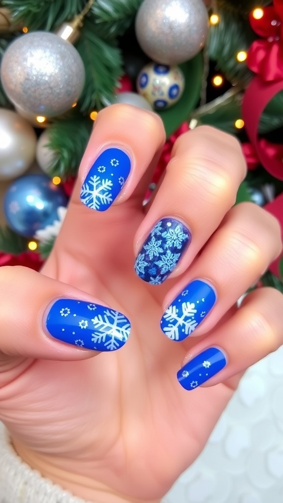 Blue Christmas Nail Art Ideas for 2025 Close-up of blue Christmas nail art with snowflakes and glitter on a hand, surrounded by holiday decorations.